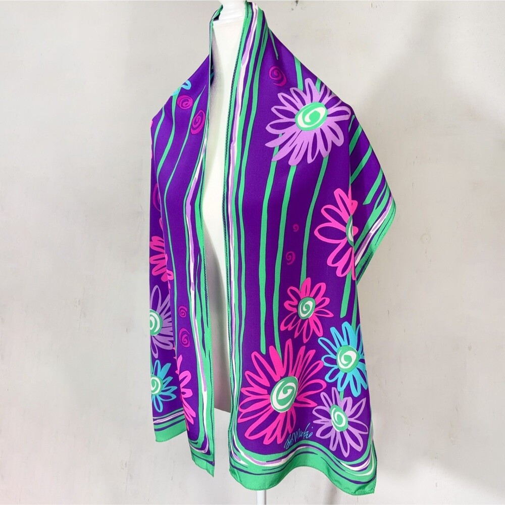 VTG Bob Mackie Art Long Scarf 100% Silk Flower Power Boho Hippie Groovy Dopamine
